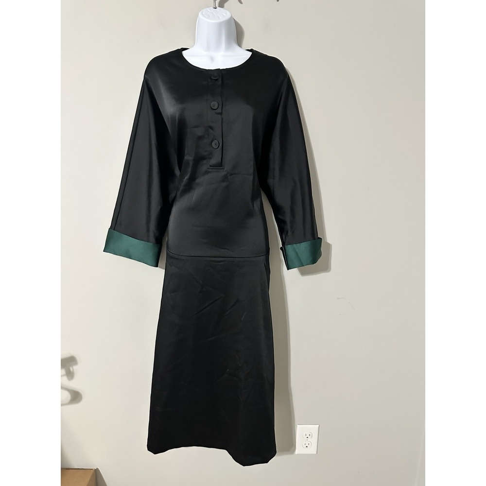 PAMELA MILANO Italian Black Satin Midi Dress IT 50 (XL) Green Cuff Dolman Sleeve